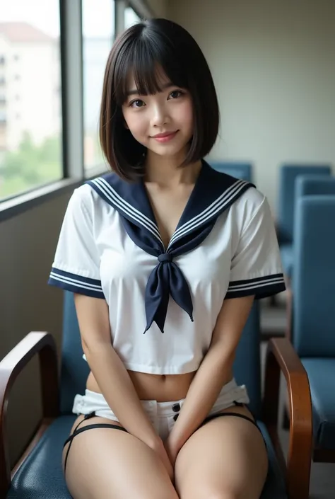 85mm, Official AR RAW photos ,East Asian agers,( sitting on a chair sticking out your crotch ,1.3) , ( Low Rise Black Thong Shorts,1.3), (On top of a white sailor uniform:1.3),( front view:1.4), one girl,  short hair, No.,  very detailed, Alone,   black ha...