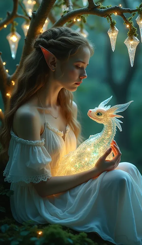 A serene portrait of a young elf maiden sitting under a glowing crystal tree, gently cradling a shimmering, transparent dragon hatchling. The dragon’s translucent scales reflect the colors of the tree’s radiant crystals—blue, green, and golden hues. The el...