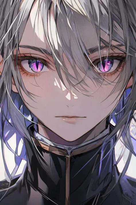 Alone, elegant, 1 male,  black coat, Silver medium hair, Purple eyes,  Slit pupils , high neck, face focus