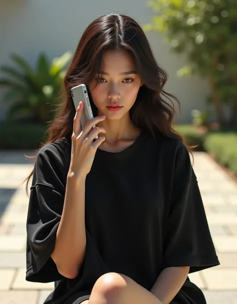  A beautiful girl with wavy long hair in a black oversized t-shirt is sitting on a chair in light paving, the phone in one hand in front of her face 