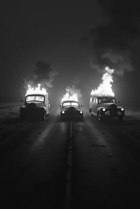  a horror scene of three old black hears set ablaze on a lonely road at night, high contrast black and white photography, Granulated