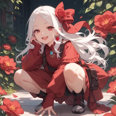 1 girl, Alone,  long hair,  Looking at the Spectator,  Smile, Open mouth,  crimson red eyes,  white hair, crouching, Crags on the hand  