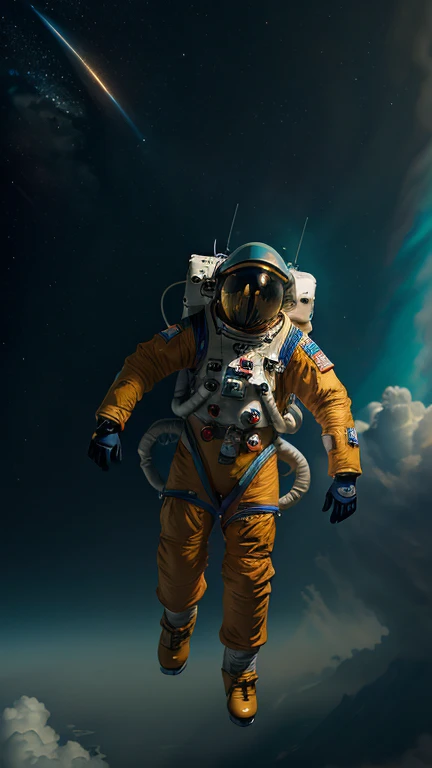 1 astronaut levitating above the gaseous atmosphere of Neptune, wearing a stylized spacesuit, jetpack backpack, cinematic dramatic lighting, highly detailed, hyper realistic, photorealistic, 8k, best quality, vibrant colors, volumetric lighting, cinematic ...