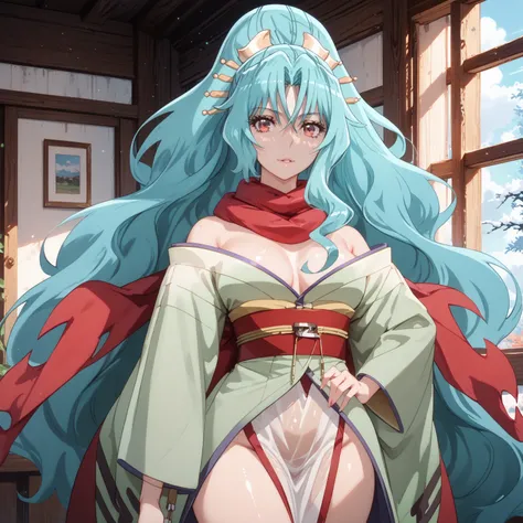 TOMOE ,RED SCARF, Green kimono, RED EYES, AQUA HAIR, Kimono with open shoulders, bare hips, Sheer kimono, glossy skin, glistening skin, looking at viewer, Tempting body,