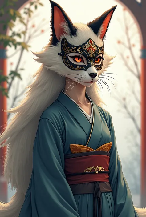 A furry girl wearing a kitsune mask,  traditional Japanese clothing , Cold look and the feminine gender,  anime art style