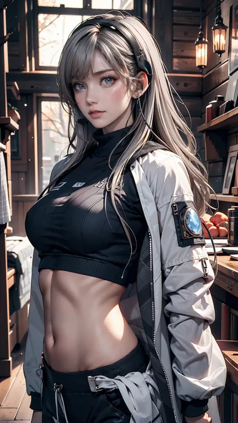  1 girl, Gray Hair,  long hair,  Techwear Masterpiece,   highest quality ,  by Nomi,  realism, Dark Purple Midriff Jacket ,  portrait ,  Fine grain ,  wearing a headset , Platinum Hair, 21 year old girl,  Fashion Pose ,  upper body,  Wide Shot ,