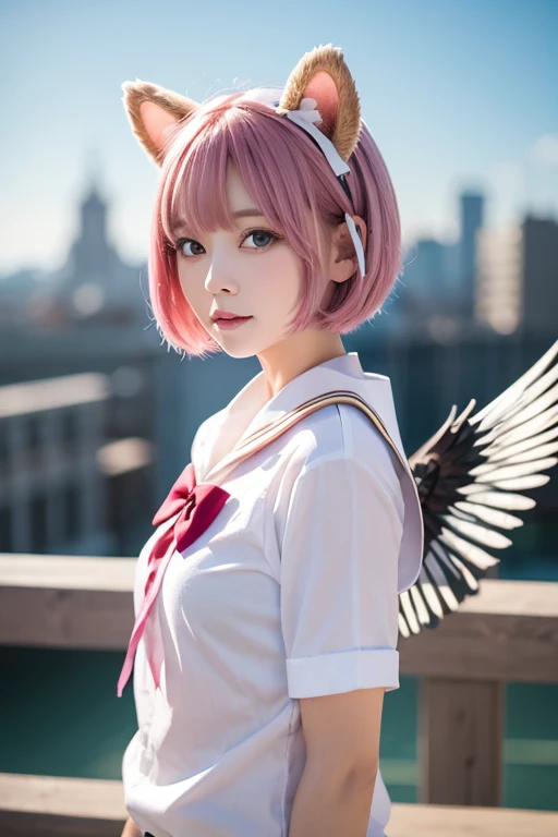   ski style,   one girl ,  alone,   pink hair,    animal ears ,   blue eyes, Wings,   accurately  , bangs,   short hair, bow,   sailor color  , white   sailor color  , hair bow, pink bow,  I closed my mouth ,   shirt, white   shirt, bear ears,   bob cut, M...