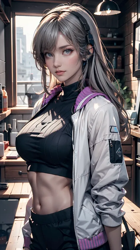  1 girl, Gray Hair,  long hair,  Techwear Masterpiece,   highest quality ,  by Nomi,  realism, Dark Purple Midriff Jacket ,  portrait ,  Fine grain ,  wearing a headset , Platinum Hair, 21 year old girl,  Fashion Pose ,  upper body,  Wide Shot ,