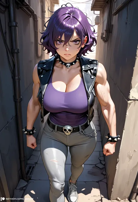 \(NSFW, masterpiece, best quality, amazing quality, very aesthetic, realistic detailed anime, (detailed eyes)\), Dirty alley, \(1girl, solo, Purple hair, messy hair, short hair, wavy hair, hair between the eyes, shadow under the eyes, purple eyes, spike br...