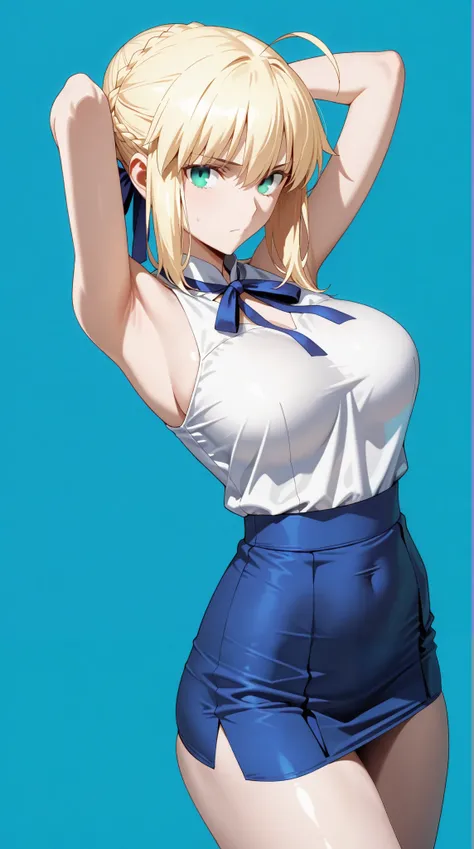 masterpiece, extremely detailed,perfect skin texture,4k,solo,1girl,adult ,((fullbody)),stand up,artoria pendragon,green eyes,blushes,slim body, sexy legs,perfect body,large breasts,white transparant shirt,hot skirt,housewife,soft light, high detailed, best...