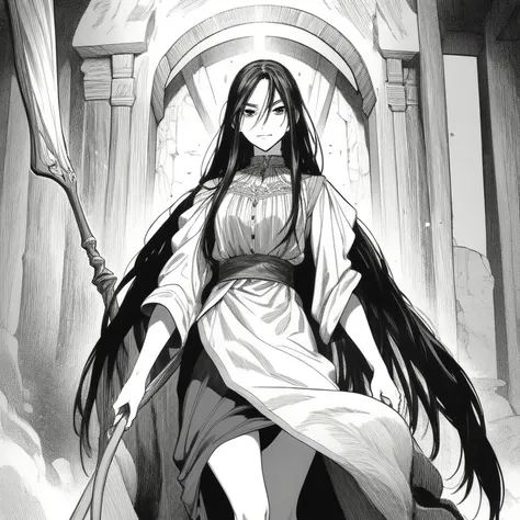  Beautiful magician with long silky black hair ,  almond-shaped brown eyes ,  Thin Lips,  round face,  medium breasts,  thin waist, wearing archmage ,  powerful and stately holding a carved oak staff,  clothes inside a dangerous dungeon ,  tongue 