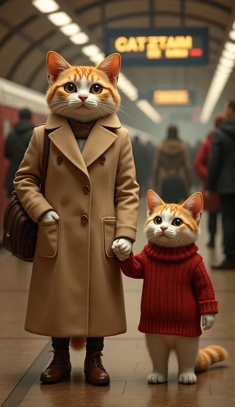 " A highly detailed and ultra-realistic image of two anthropomorphic cats with gold and white fur,  with human characteristics ,  at a luxurious and illuminated train station .  The mother is an elegant cat ,  wearing a long beige winter coat ,  holding th...