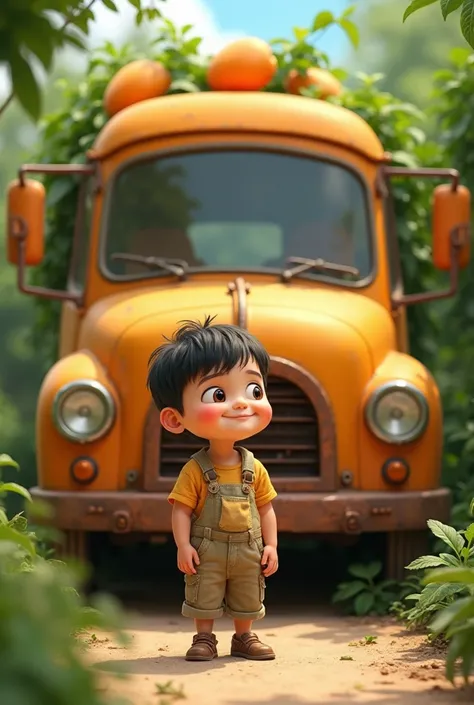 Draw me a picture , chubby boy standing in front of mango garden truck