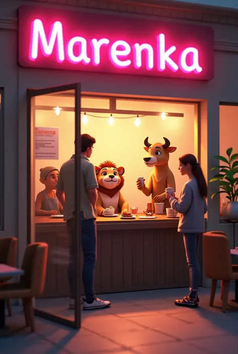 Vignette 1:  Arrival at the Marenka Cafeteria

Description :  The six characters arrive at the Marenka cafeteria .  the sign  " MARENKA but first coffee "  in neon pink stand out in the entrance .
dialogue:
Lion:  What a good idea to come to Marenka !  I'v...