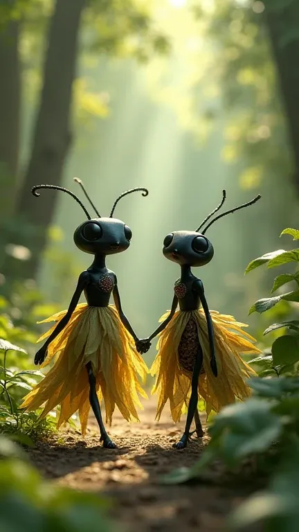 There are two black ants wearing beautiful clothes and beautiful manners, walking happily in the forest. The view is very pleasant.