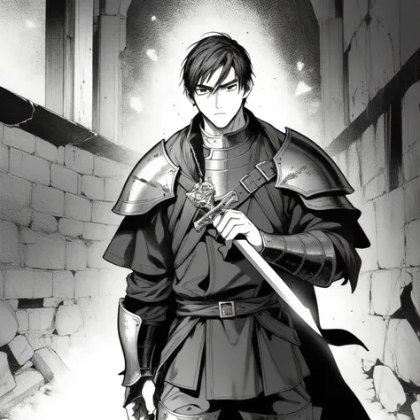  a young knight with short black hair ,  black eyes, male and virile ,  wearing combat armor ,  ready for battle inside a dungeon full of monsters around him,  holding a fine-bladed sword ,  courageous and stately , protagonist