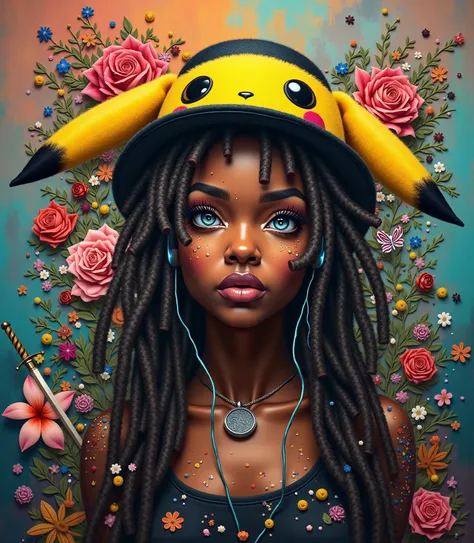  Dreadlocks with colorful sprinkles on her hair, Cool beauty wearing a goth-Lolita Pikachu hat、Dice tattoo 、  abstract and figurative art style , Afro-Colombian theme  , Hard Edge Painting , , Floral Explosion,   I can't believe how beautiful this is  ,  N...