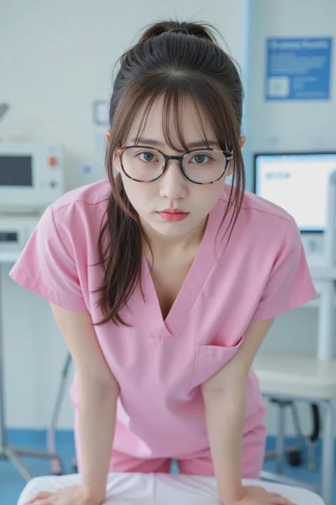 In the hospital examination room, a nurse in her 20s wearing a pink medical scrub is leaning forward and looking at us with a worried expression、Cleavage is visible from the chest、I have long hair in a ponytail、 wearing black-rimmed glasses、A woman with cl...