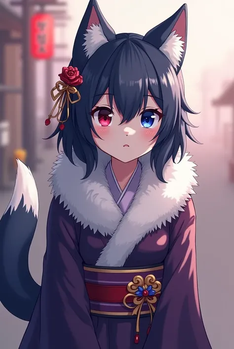 A furry girl wearing a kitsune mask,  traditional Japanese clothing , Cold look and the feminine gender, Your animal species is half shark half cat, coat colors, dark purple, white, royal blue and red in the eyes,  anime art style