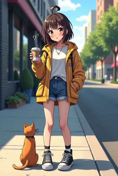 anime girl with a cat and a coffee cup on a sidewalk, an anime drawing inspired by Narashige Koide, trending on pixiv, furry art, modern anime style, very modern anime style, urban girl fanart, in anime style, she is wearing streetwear, in an anime style, ...