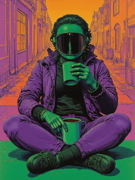 Lone woman explorer drinking coffee withouthelmet that she leaves on the table, dark green shades artwork as primary color, and line details on purple shades with pretty fine lines of orange, full body toe to head ultra low angle view, seen from bellow, pe...