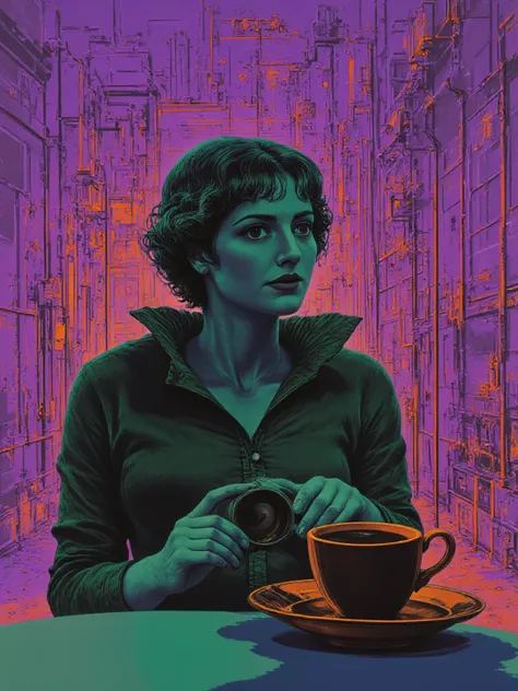 Lone woman explorer drinking coffee withouthelmet that she leaves on the table, dark green shades artwork as primary color, and line details on purple shades with pretty fine lines of orange, full body toe to head ultra low angle view, seen from bellow, pe...