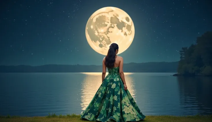 A beautiful Indian woman with a curvy body, long hair tied in a ponytail, wearing an elegant green floral maxi dress that hugs her body. She has a fuller figure and stands confidently. The background shows a stunning lake at night, with the moon reflecting...