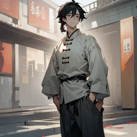 1male, adult, finely detailed grey eyes, (wild medium hair), black hair, casual clothing, loose chinese shirt, loose pants, somber expression, (perfect generation), standing on street, detailed background