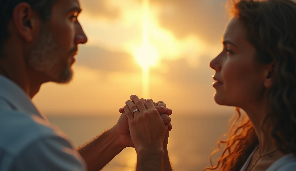 "A powerful and emotional image representing the power of forgiveness. In the center, two hands meet in a symbolic clasp, conveying reconciliation and healing. In the background, a ray of golden light pierces the clouds, creating a divine and hopeful effec...