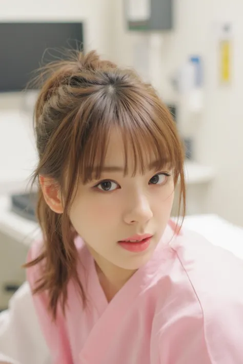 A nurse in her 20s wearing a pink medical scrub is leaning forward and looking at us with a worried expression in the examination room of a Japanese hospital、Cleavage is visible from the chest、I have long hair in a ponytail、 wearing black-rimmed glasses、A ...