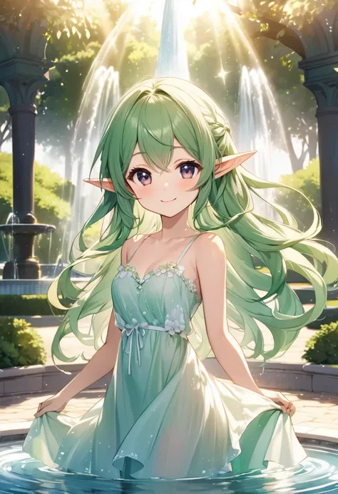 Anime girls are beautiful　 cute girl　Illustration　Dazzling Sunlight 　 shy smile　 Flowing Hair　 fairy dress 　Park with a fountain　 green hair　 dark eyes　 elf ears　