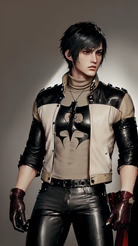 ,((jason todd)),((Final fantasy taste and reality graphics)), ((Japanese young cute and cool ikemen  boy)), ((face is no paint and no mask)),his age is early 20s, thin eyebrows and beady eyes, ((((he wearing only light beige color leather jacket)))),((((le...