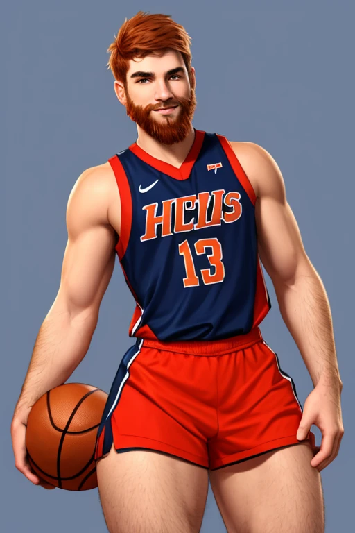 male basketball player, (((wide hips))), ((thick thighs)), ginger hair, skinny torso, curvy hips, big beard, small waist, hairy thighs, ((short hair)), ((hairy))