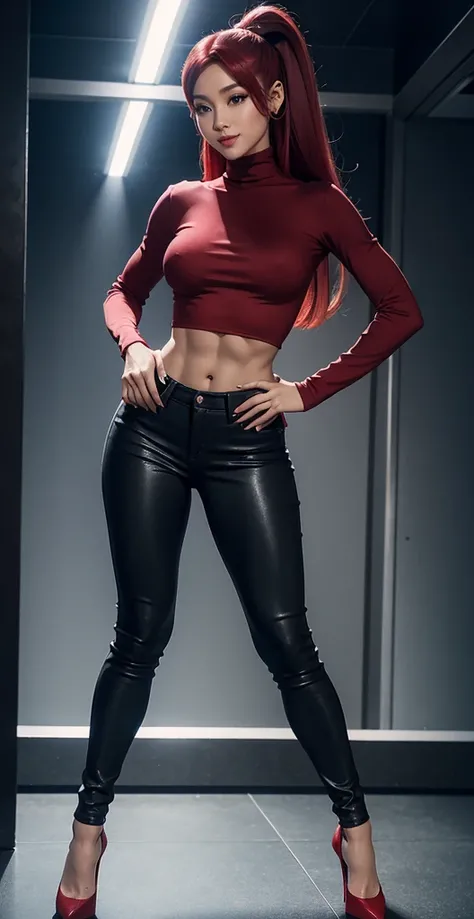 Acurate 、Full Body Photo from Head to toe 、Standing in her full height 、 Ariana Grande、Red hair、black eyes、Semi-long、setting hair、Slender but well-proportioned muscular body、a smile、wearing a red turtleneck、Abs are cracked、The navel is visible、Wearing red ...