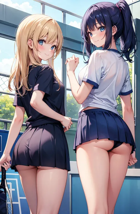 2girls,smile, beauty、Dynamic name angle 、 focus girl at the tennis venue、 dark blue bloomer in school gym clothes、 t-shirts、 rear view、 beautiful ass、