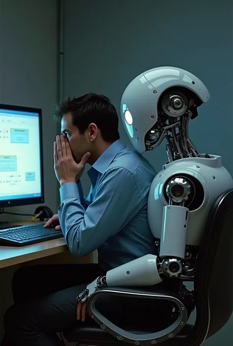 The characters in the movie Robot Me (will smith y el robot) Sitting in front of the computer. The man has his hands covering his mouth as if concerned, and the robot has one hand on his shoulder as they both lean toward the screen.