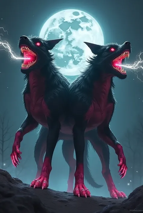 Black and red orthrus, red eyes, howling white energy beam into sky, night background, full moon, malicious smile on moon