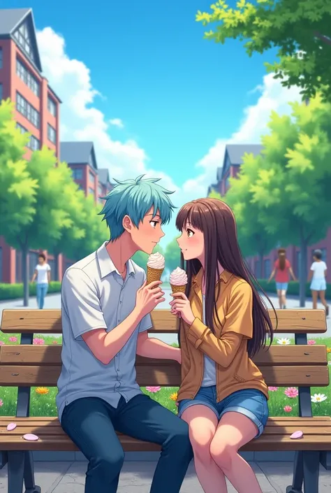 adult, man,  light blue hair , amber eyes, With His Girlfriend, Women, adult,  dark brown hair,  long hair,  crimson eyes , eating ice cream,  at the university ,  anime style.