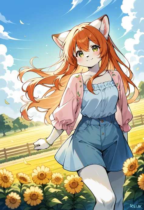 rating_safe, score_9, score_8_up, score_7_up, score_6_up, score_5_up, score_4_up, hires, source_furry(one scene of movie)nature, farm, Blue sky, clouds, florals Beautiful garden(furry anthro, solo, girl, casual fashion, Relux pose, Smile)cinematic lighting...