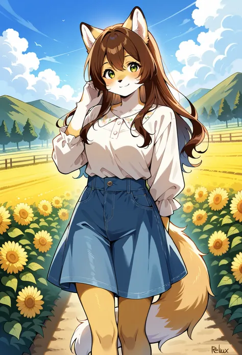 rating_safe, score_9, score_8_up, score_7_up, score_6_up, score_5_up, score_4_up, hires, source_furry(one scene of movie)nature, farm, Blue sky, clouds, florals Beautiful garden(furry anthro, solo, girl, casual fashion, Relux pose, Smile)cinematic lighting...