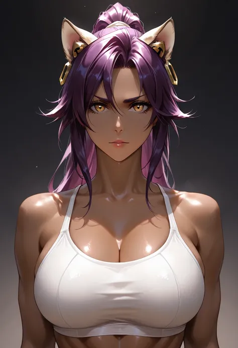  Masterpiece,  highest quality,  high image quality,4K, very aesthetic, One night in Sifengyuan, bleach、 1 girl, solo,  purple hair , ponytail,chest,athletic,(Dark-skinned ) , golden eyes,(Cat ears) ,straight-on