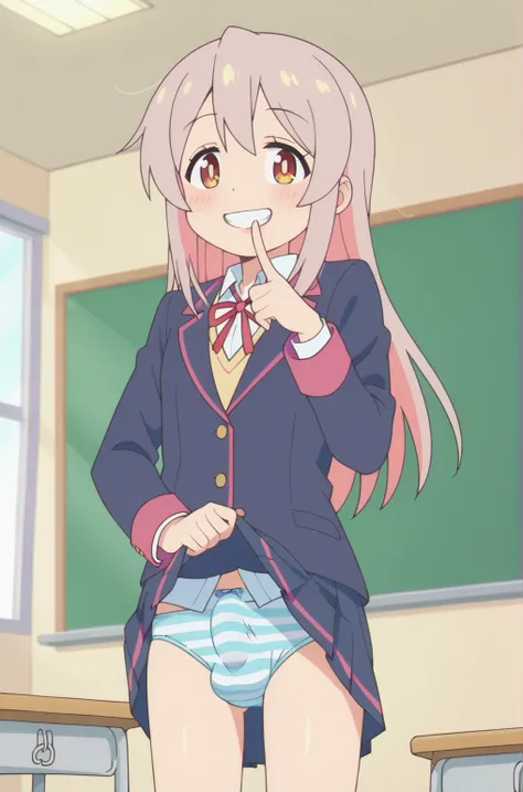 anime screencap, consistent background, solo, Mahiron, hair down, futa, looking at viewer, standing, classroom, bulge, (Blue panties, Striped panties), school uniform, skirt lift, smile, grin, finger to mouth, dutch angle 