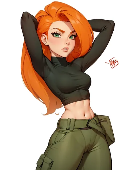 Kim Possible,  extremely realistic, very beautiful, sexy,  big ass,  thick legs , fitness, Sensual, red hair, black shirt, dark green thong panties