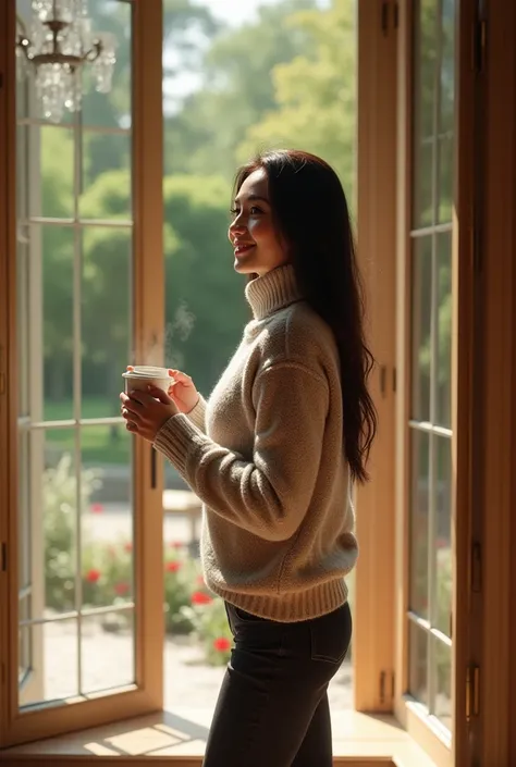 Beautiful woman top athlete ,  smiling ,  long black hair, Wearing a sweater with a cup of coffee in hand standing ,  in a luxurious room looking out at the garden through glass doors
