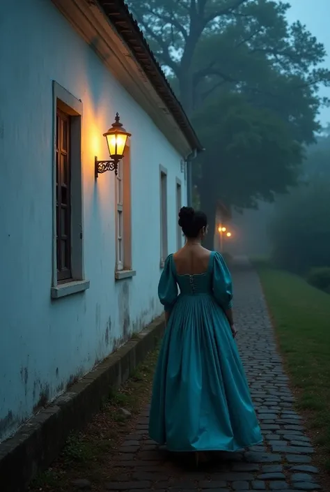 Wall of a colonial mansion,  painted white , Front view of the wall. An 18th century lady, wearing robes from that period, dress in turquoise color, With black hair tied in a bun. Walking in profile along the sidewalk, Street with stone pavement. dark fogg...