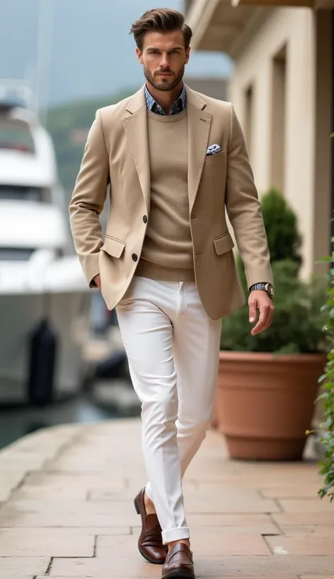 "A young, sophisticated man dressed in a refined yet effortless Old Money style. He wears a well-fitted beige or navy blazer over a lightweight cashmere sweater, paired with tailored white or light-colored trousers. His polished leather loafers (without so...