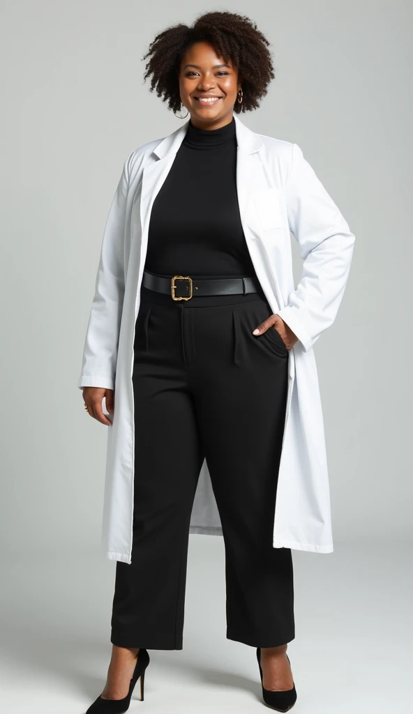 White-skinned plus-size woman, dark brown short size curly hair in a fully tied hairstyle,  with black super turtleneck blouse and black squine tailoring pants and white lab coat from Bio Medica, with delicate gold jewelry black belt and gold hardware, Hig...