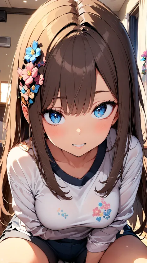  one girl,  blue eyes, brown hair、 straight long hair、 flower pattern hair accessory, shirt, shorts,room, Masterpiece,  highest quality,   is ridiculous,