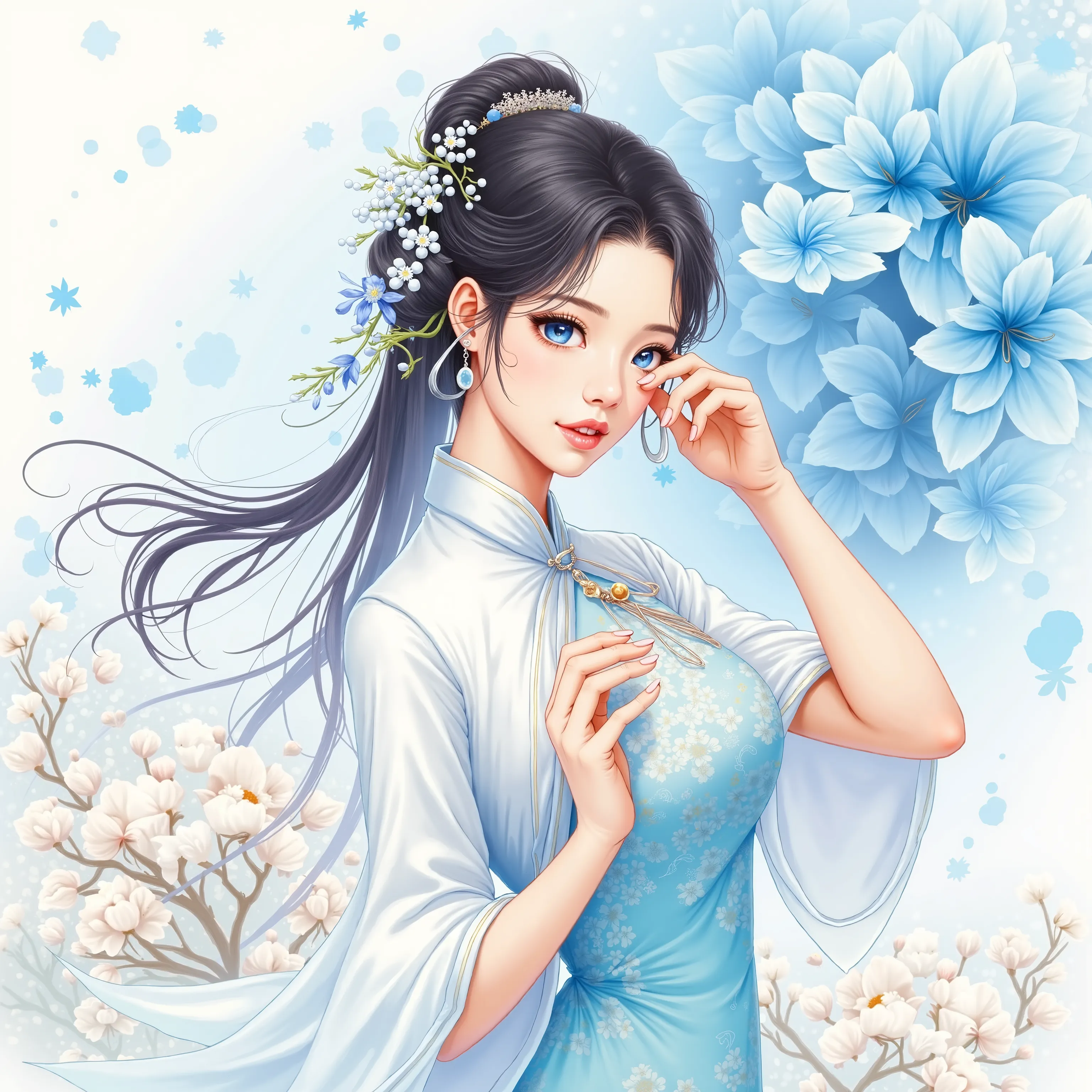 painting of a woman wearing Chinese dress, blue eyes, light blue flower in background, color splashing, pastel color, intricate detailed