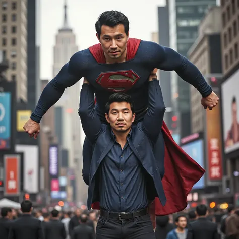 superman with agressive face.superman has skinny young age body.Nick Bosa handsome man with classic superman suit lifting a 30 years-old reporter above his head. new york street